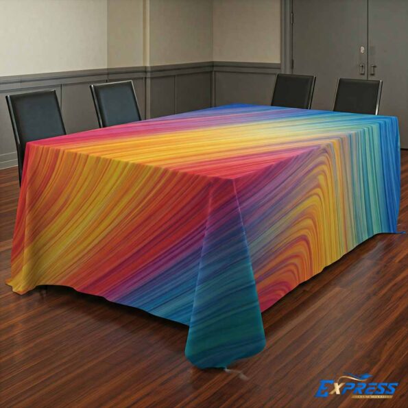 A casual family dinner with a floral-patterned cotton tablecloth. The table is filled with dishes of food, glasses of wine, and colorful napkins, creating a lively and inviting dining experience.