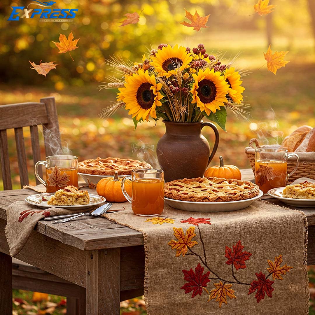 Rectangular table with an autumn leaf-patterned tablecloth, outdoor tablecloth