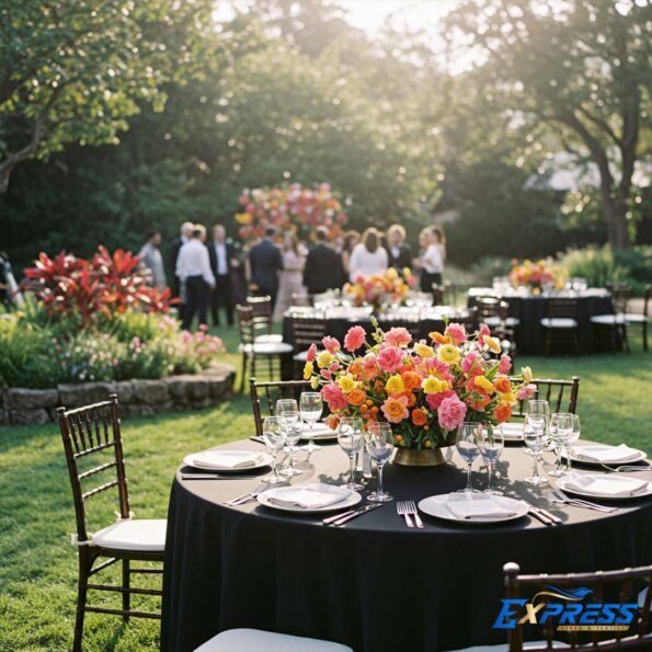 Versatile black tablecloth beautifully styled with vibrant decor and metallic accents, creating a chic and inviting table setting for any event.
