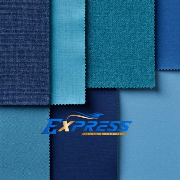 Fabric swatches in shades of blue, including navy, royal blue, teal, and sky blue, showcasing different textures.