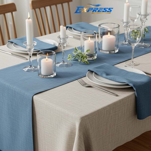 Folded blue tablecloths in various materials and shades, including navy, teal, and sky blue.