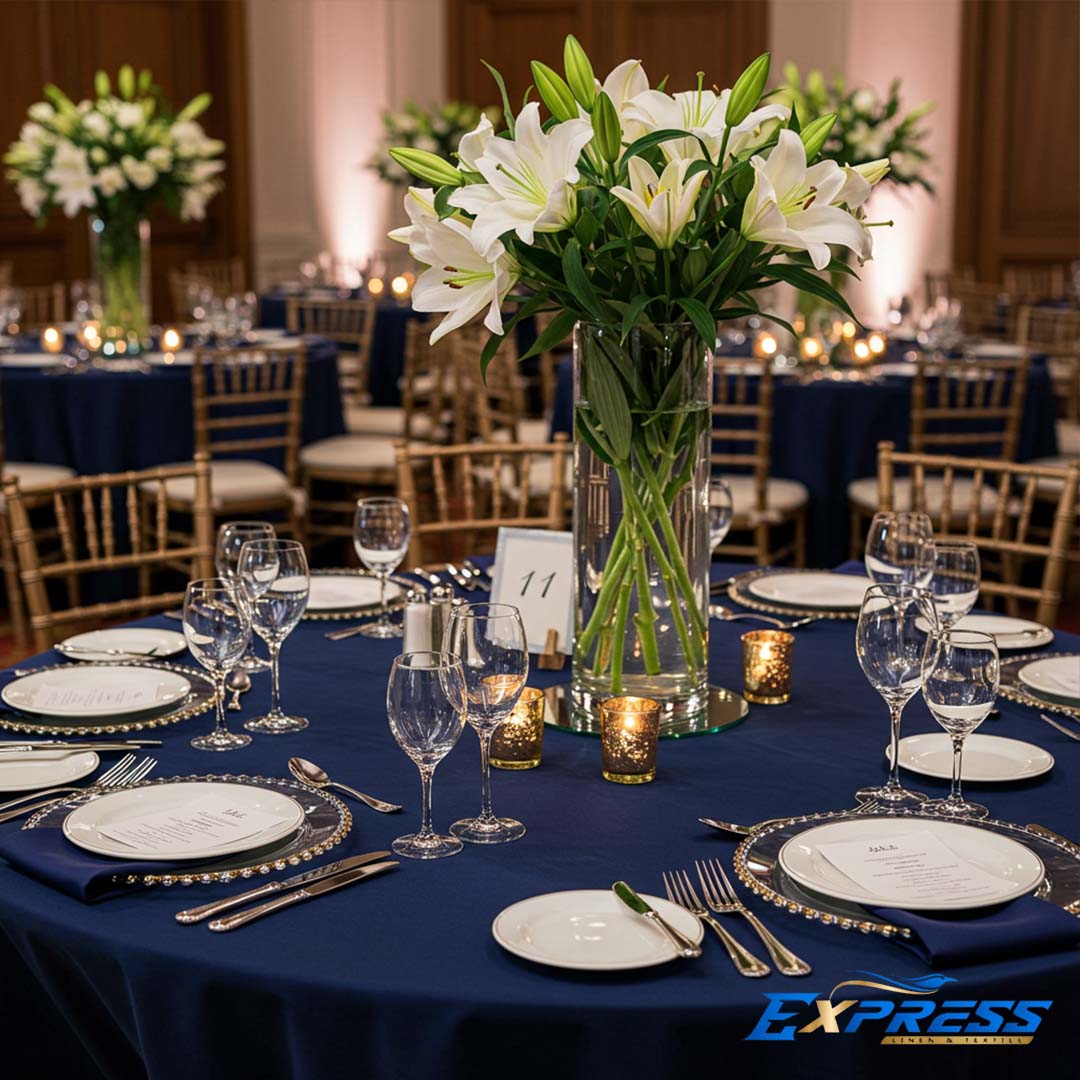 Elegant dining table with a navy blue tablecloth, white plates, and a floral centerpiece.